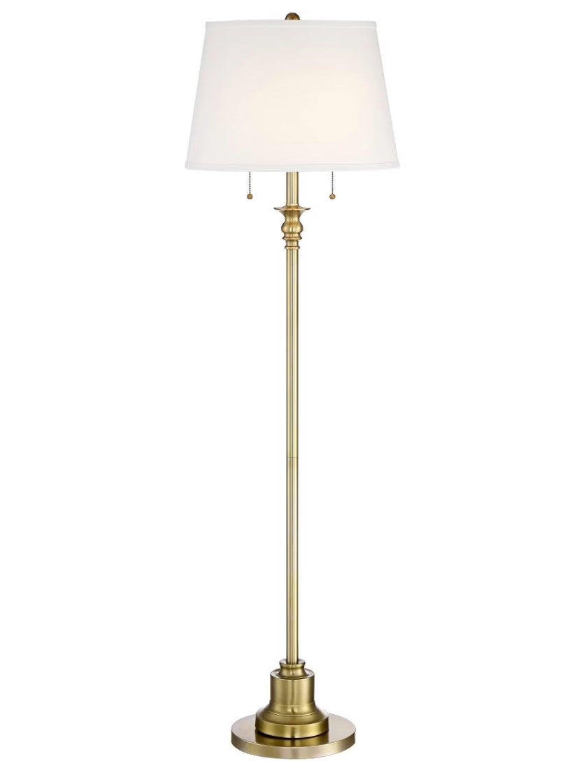 360 Lighting Spenser Vintage Floor Lamp 58" Tall Brushed Antique Brass Metal Off White Linen Drum Shade for Living Room Bedroom Office House Home