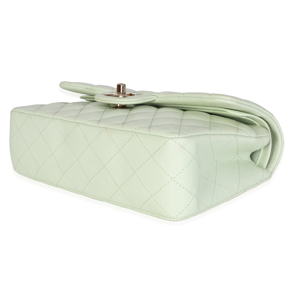Chanel Light Green Quilted Caviar Small Classic Double Flap Handbag