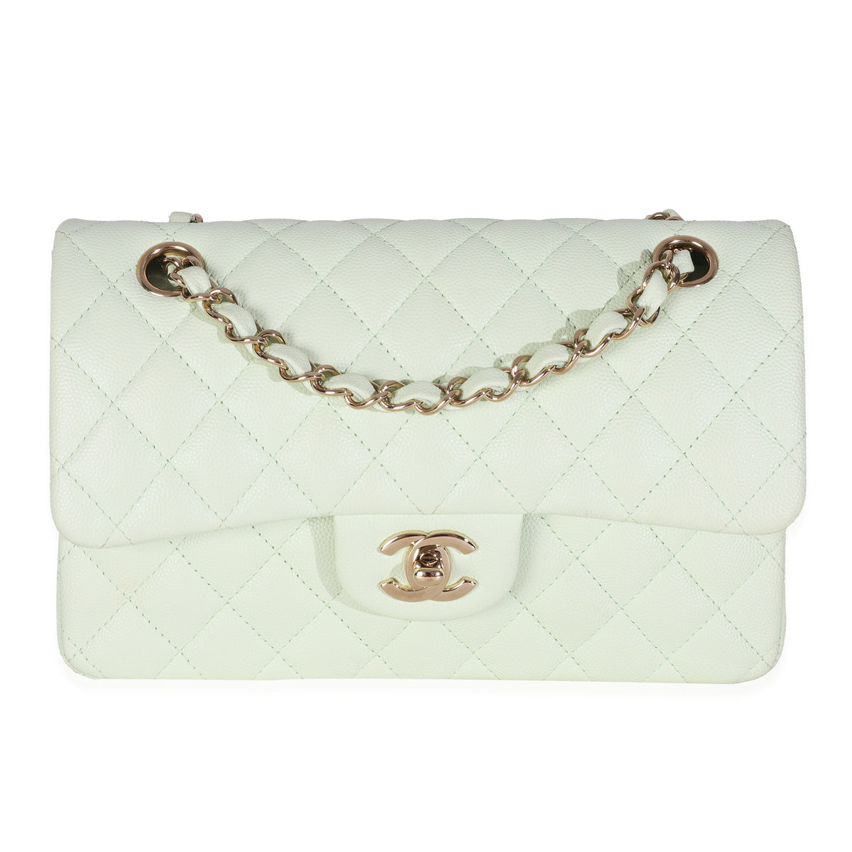 Chanel Light Green Quilted Caviar Small Classic Double Flap Handbag