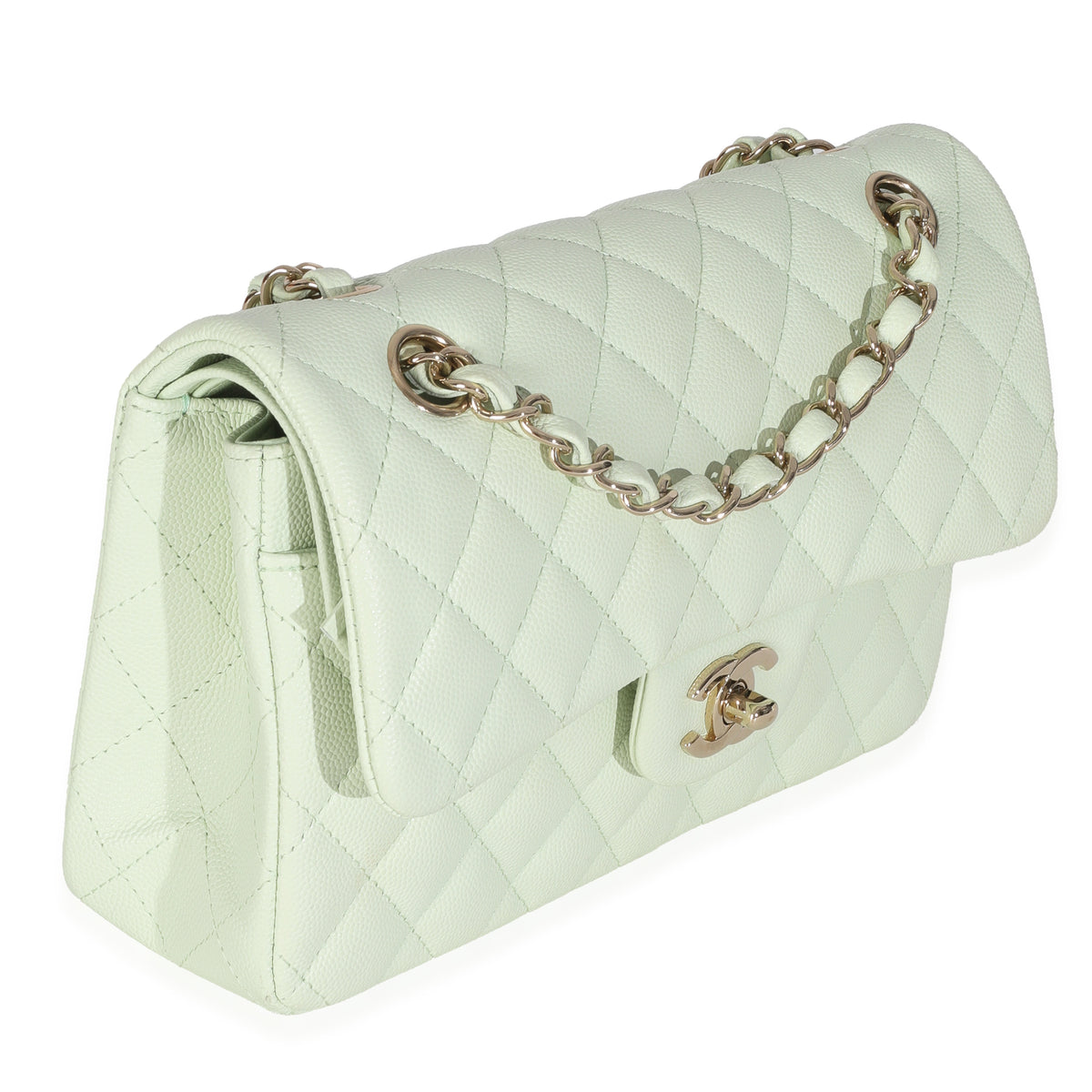 Chanel Light Green Quilted Caviar Small Classic Double Flap Handbag