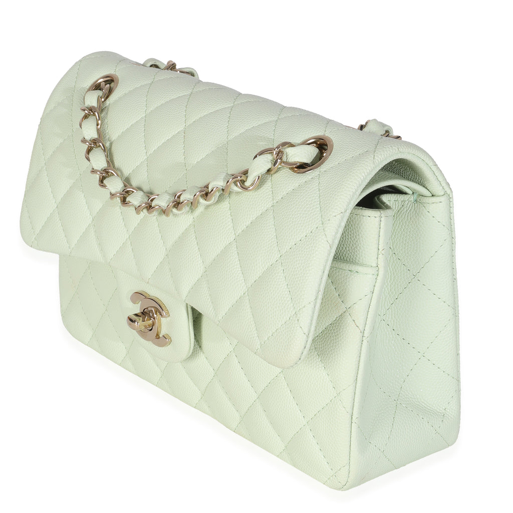 Chanel Light Green Quilted Caviar Small Classic Double Flap Handbag