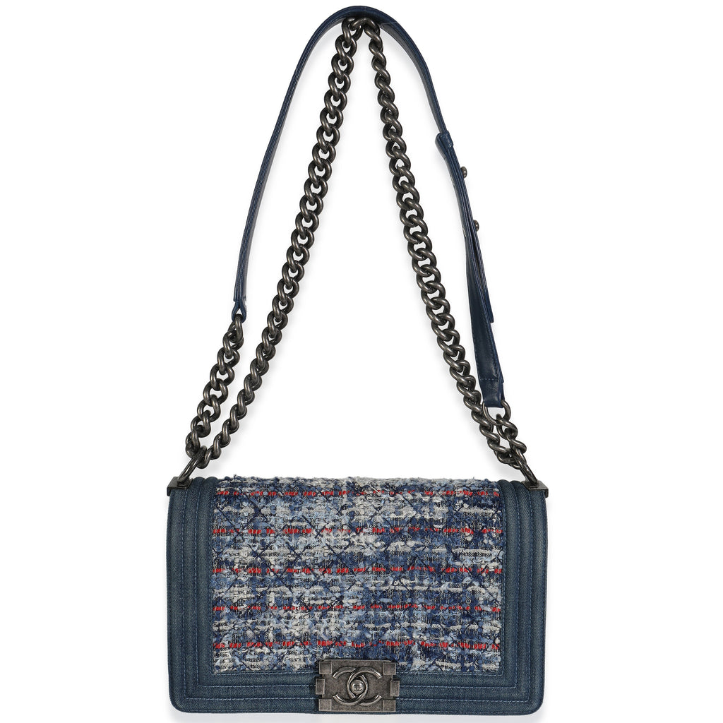 Chanel Blue Multicolor Denim Quilted Tweed Old Medium Boy Bag Handbag av