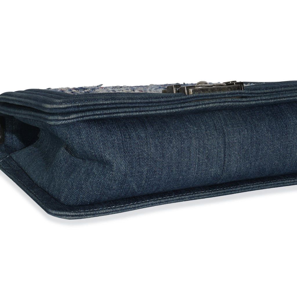 Chanel Blue Multicolor Denim Quilted Tweed Old Medium Boy Bag Handbag box