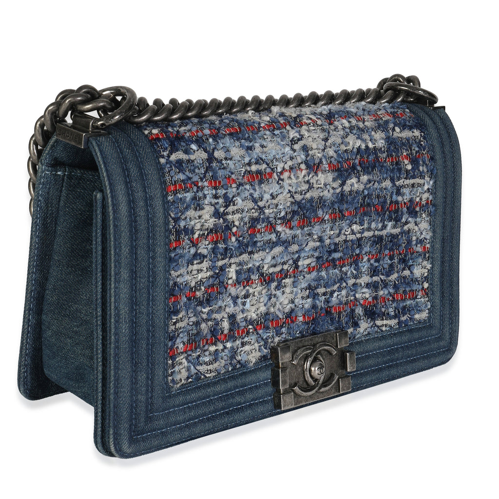 Chanel Blue Multicolor Denim Quilted Tweed Old Medium Boy Bag Handbag pv