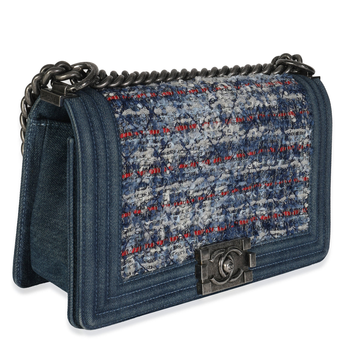 Chanel Blue Multicolor Denim Quilted Tweed Old Medium Boy Bag Handbag pv