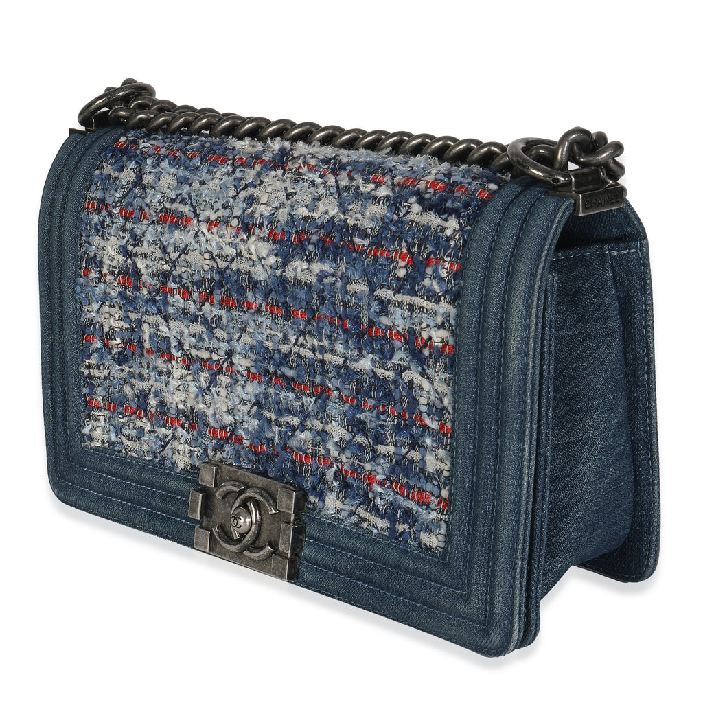 Chanel Blue Multicolor Denim Quilted Tweed Old Medium Boy Bag Handbag sv