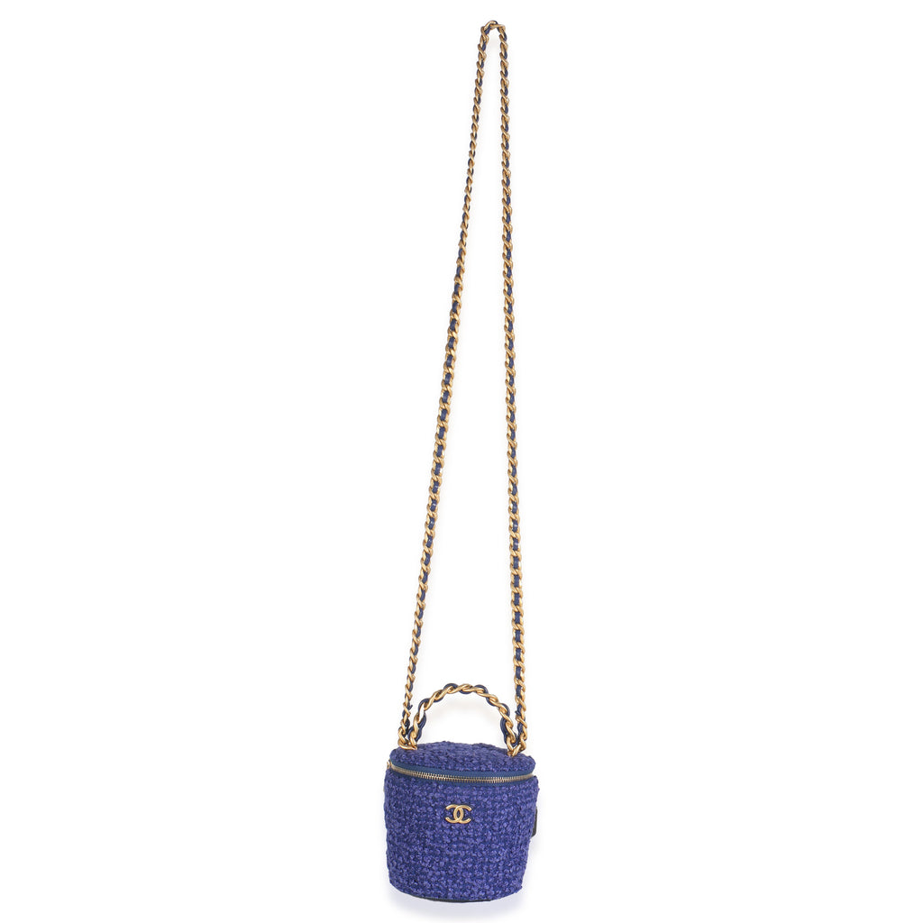 Chanel Blue Quilted Tweed Afternoon Tea Top Handle Vanity Case With Chain Handbag av
