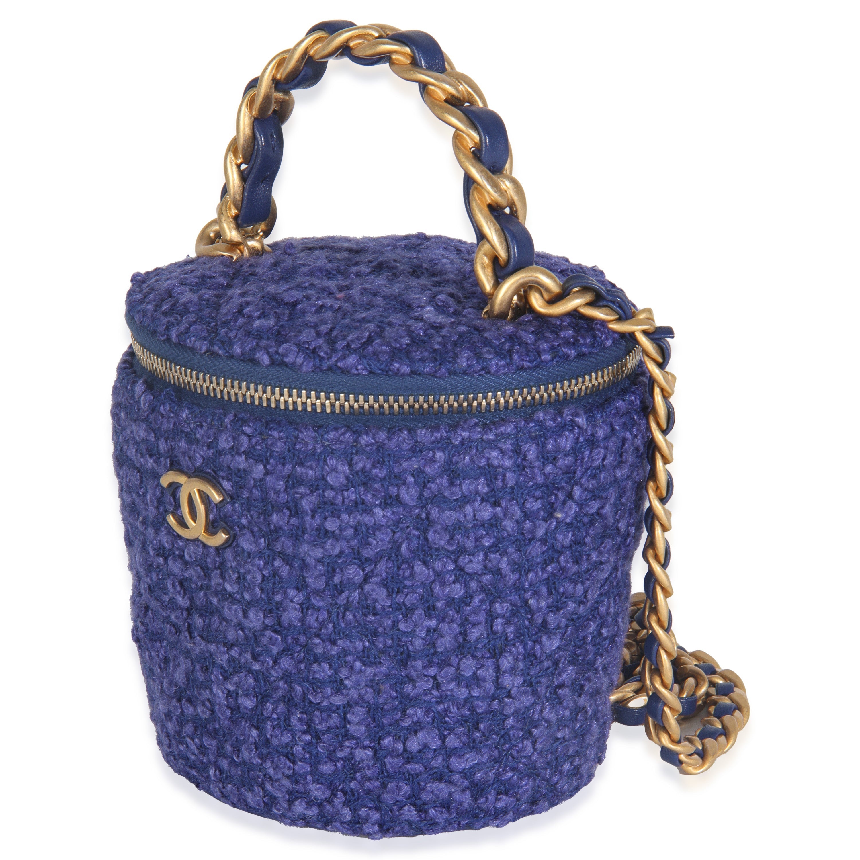 Chanel Blue Quilted Tweed Afternoon Tea Top Handle Vanity Case With Chain Handbag sv