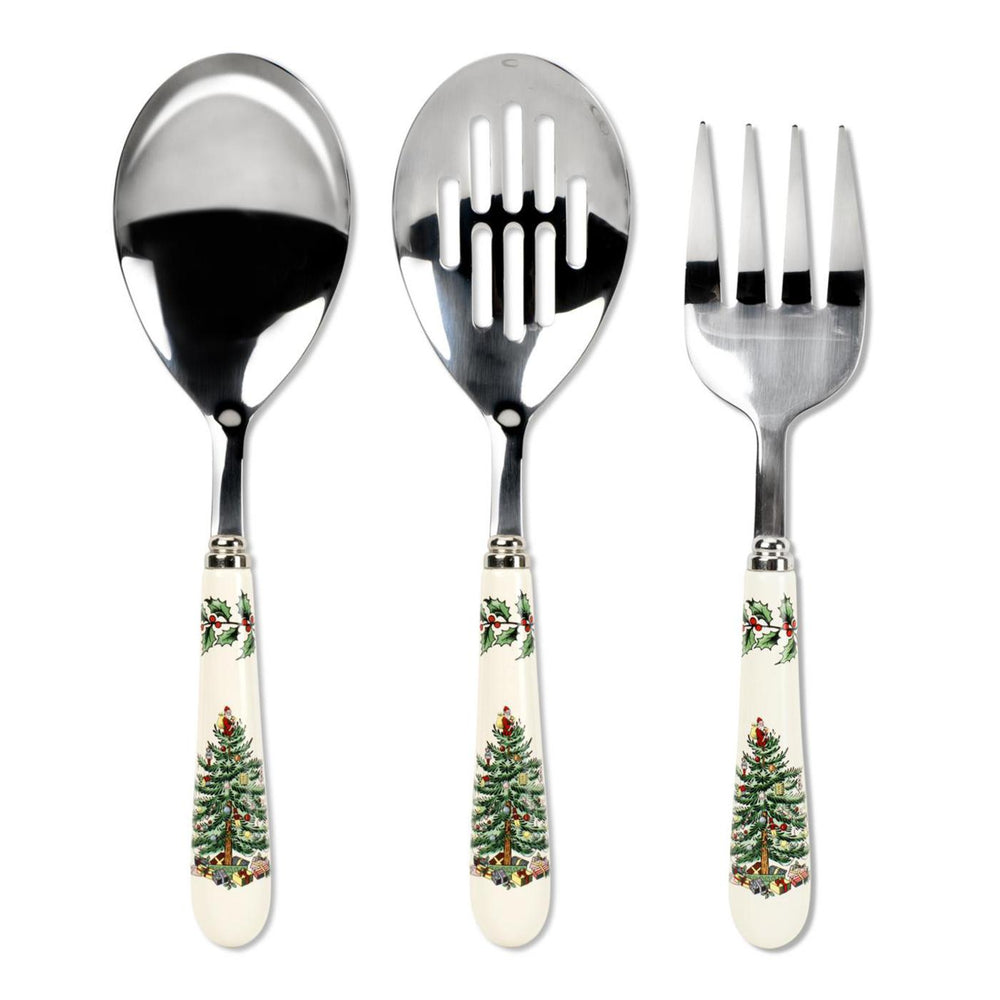 Front view of cutlery set with stainless-steel heads and cream porcelain handles printed with Christmas tree on white
