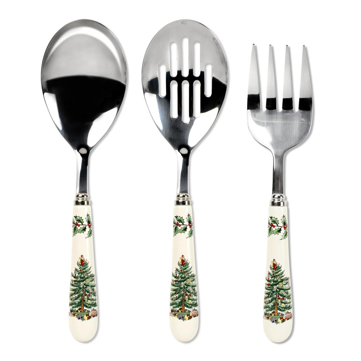Front view of cutlery set with stainless-steel heads and cream porcelain handles printed with Christmas tree on white
