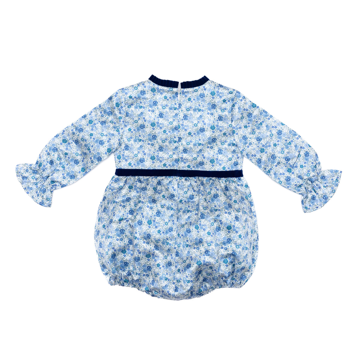 Henry Duvall Hazel Bubble in Prescott Petals floral with Back Bay Blue Velvet bow, classic baby girl fall romper designed to coordinate with sibling and mommy styles