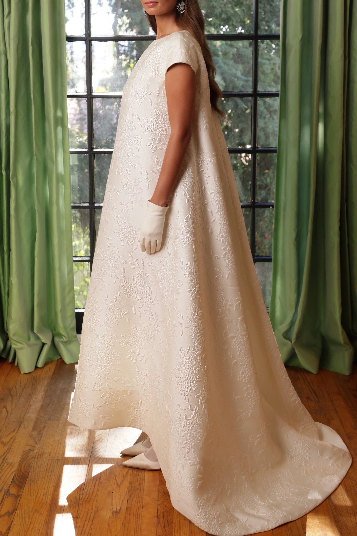 Jewel Neck French Brocade Wedding Gown with Cap Sleeves and Watteau Train