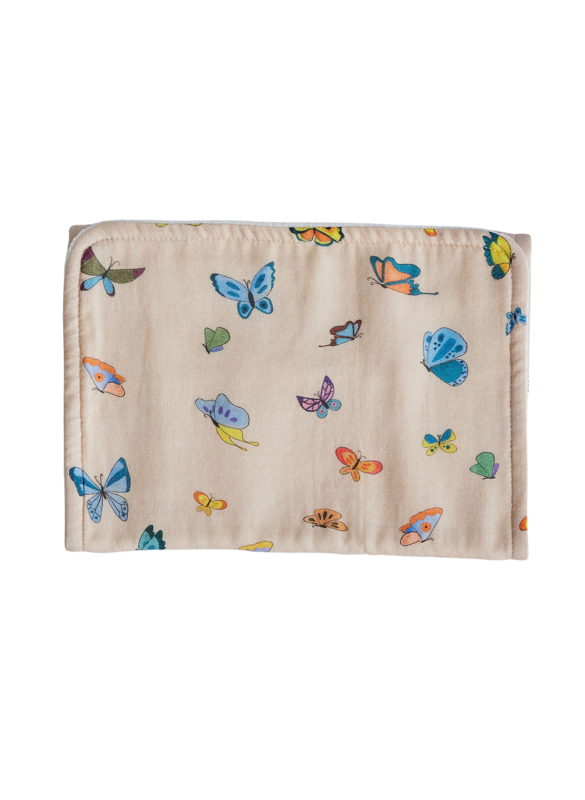 Front view of Blush Peach Madame Butterfly Burp Cloth showcasing colorful butterfly print on muslin with a black background