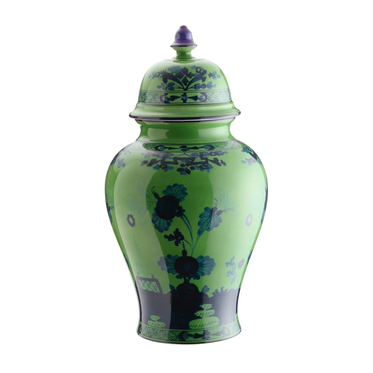 Front view of large potiche vase with cover in malachite green porcelain with blue floral motif on white background