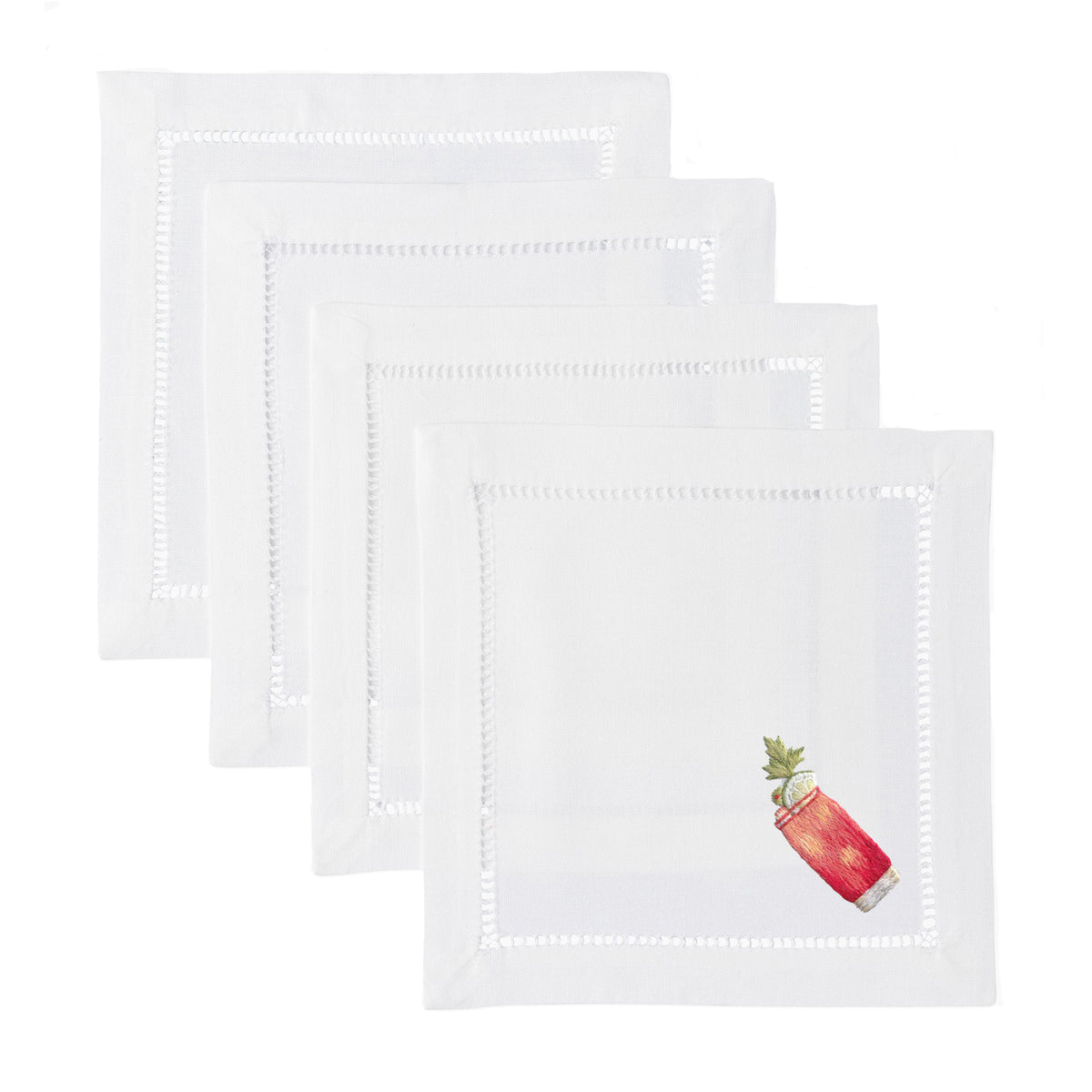 Front view of four white 6x6 inch cocktail napkins with hand-embroidered Bloody Mary motif and hemstitched border