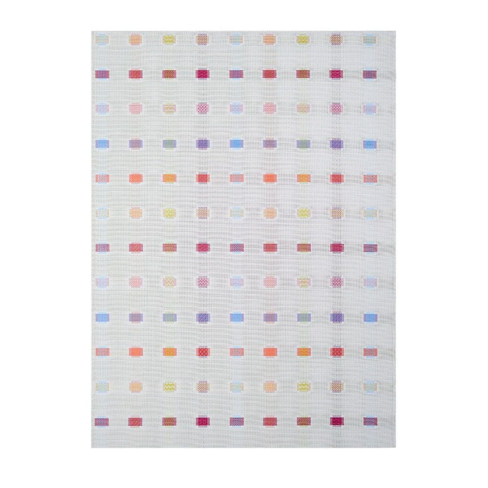 Front view of Sampler Floor Mat showcasing overlapping colorful paired rectangles with a light gray woven background