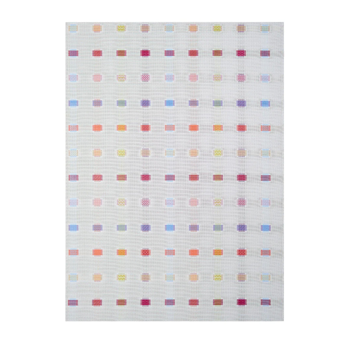 Front view of Sampler Floor Mat showcasing overlapping colorful paired rectangles with a light gray woven background