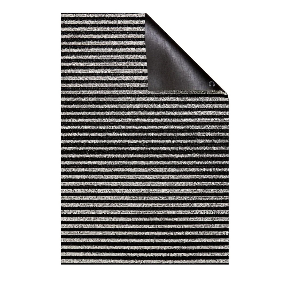 Front view of Breton Stripe Shag Runner showcasing black and gray horizontal stripes and folded corner with white background