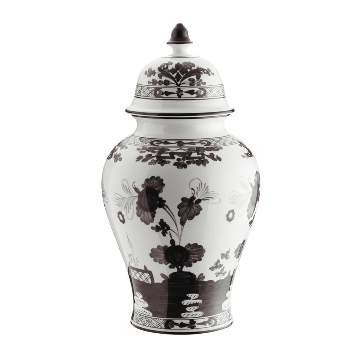 Front view of Oriente Italiano large potiche vase with cover showcasing fine white porcelain and dark floral motif on white background