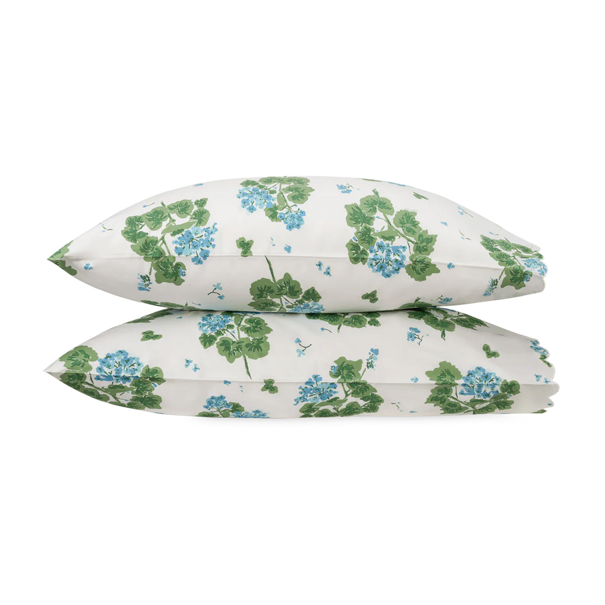 Stacked front view of Geranium pillowcases showcasing blue and green hand-drawn floral print on white background