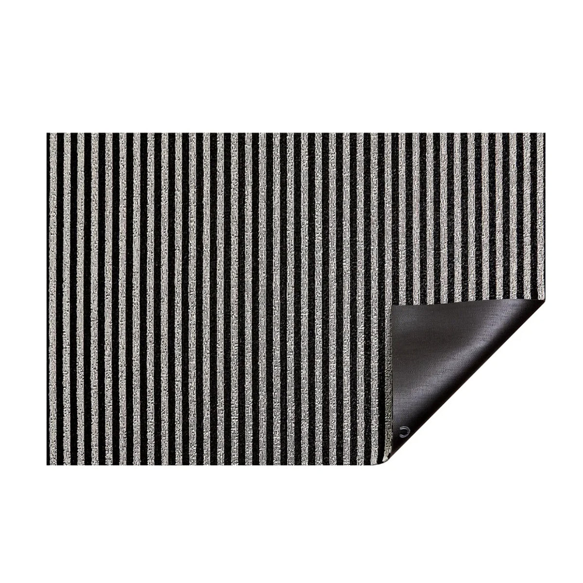 Top view of Breton Stripe Shag Runner showcasing black and gray vertical stripes and folded corner with white background