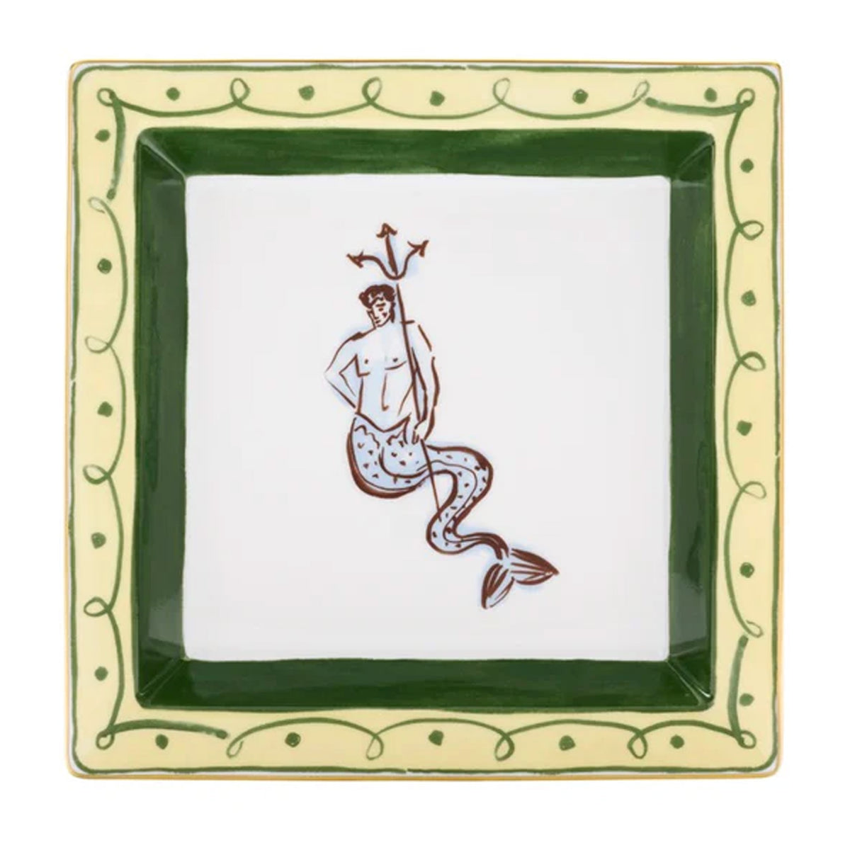 Top view of Ill Viaggio Di Nettuno square change tray with Neptune figure and green-yellow border on white porcelain