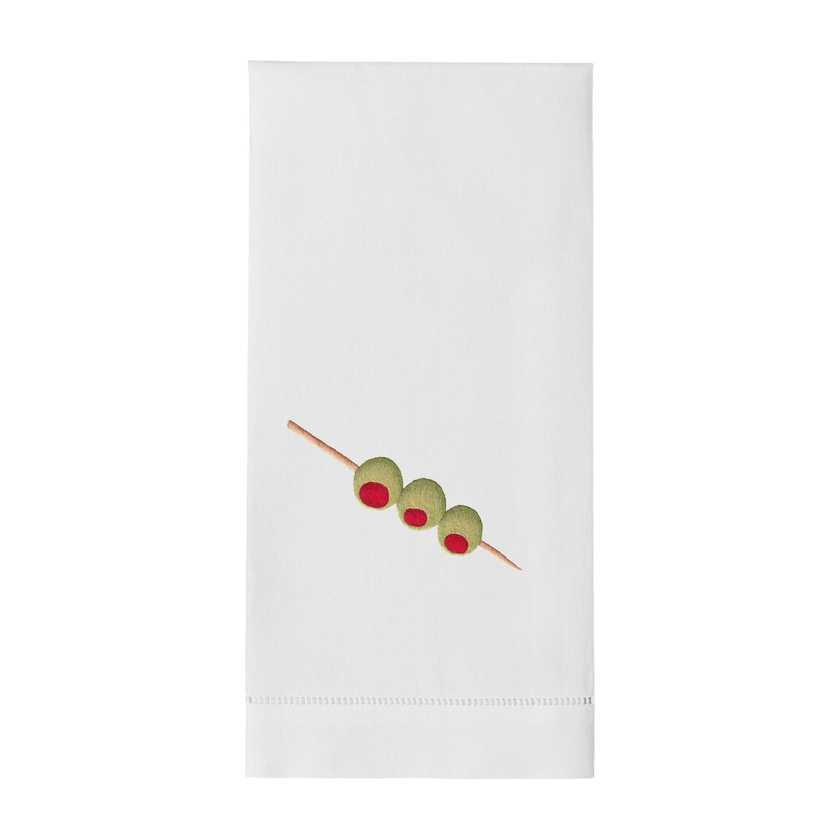 Front view of Triple Olives towel showing hand-embroidered trio of green olives on a diagonal skewer on white background