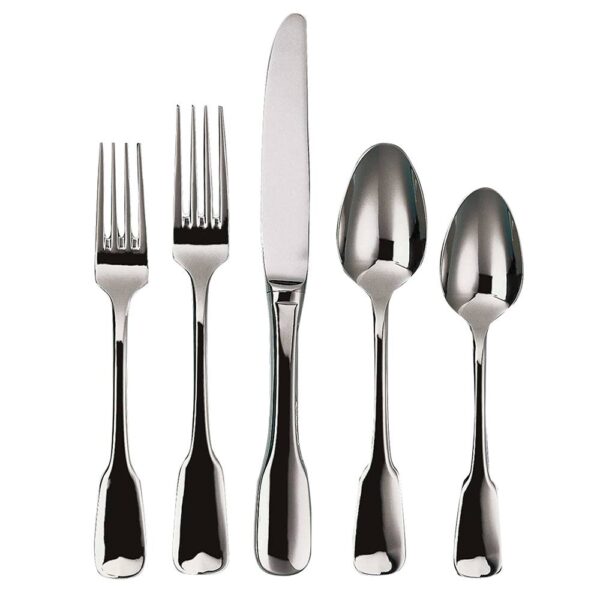 Top view of Alsace 5-piece place setting showcasing 18/10 stainless steel utensils with mirror finish on white background