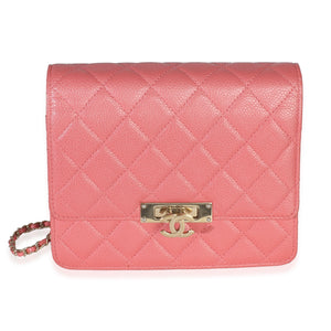 Chanel Pink Iridescent Quilted Caviar Golden Class Square Wallet On Chain Handbag fv