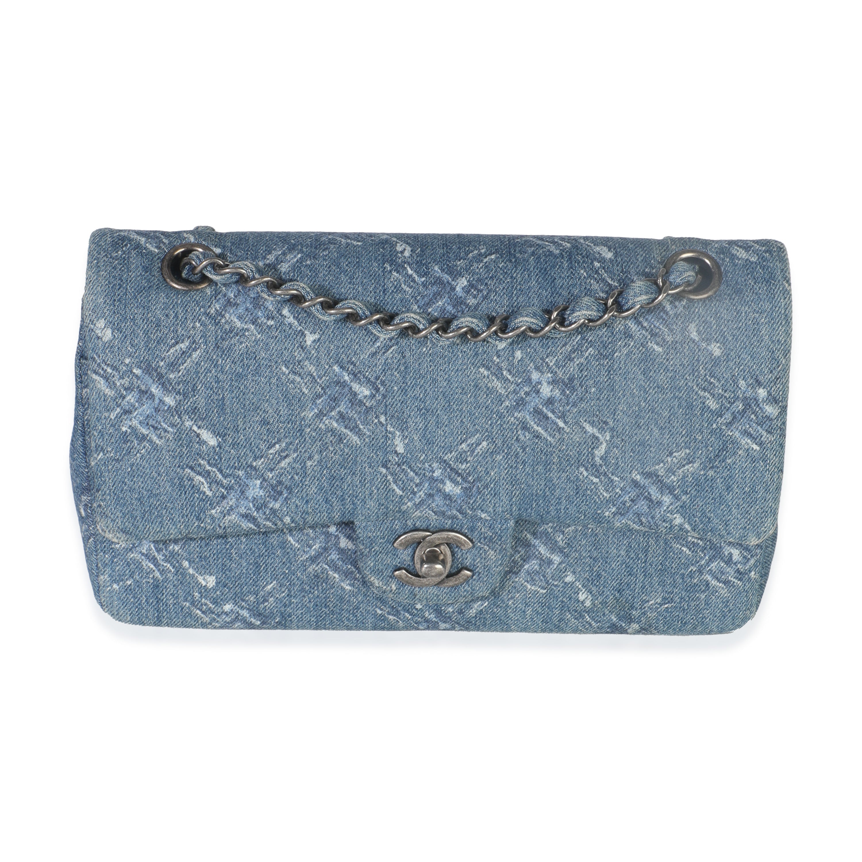 Chanel Blue Bleached Chain Printed Denim Medium Classic Double Flap Bag