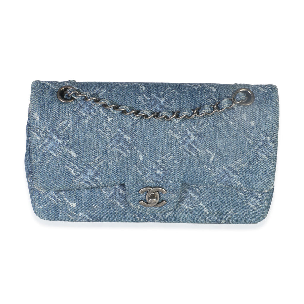 Chanel Blue Bleached Chain Printed Denim Medium Classic Double Flap Bag