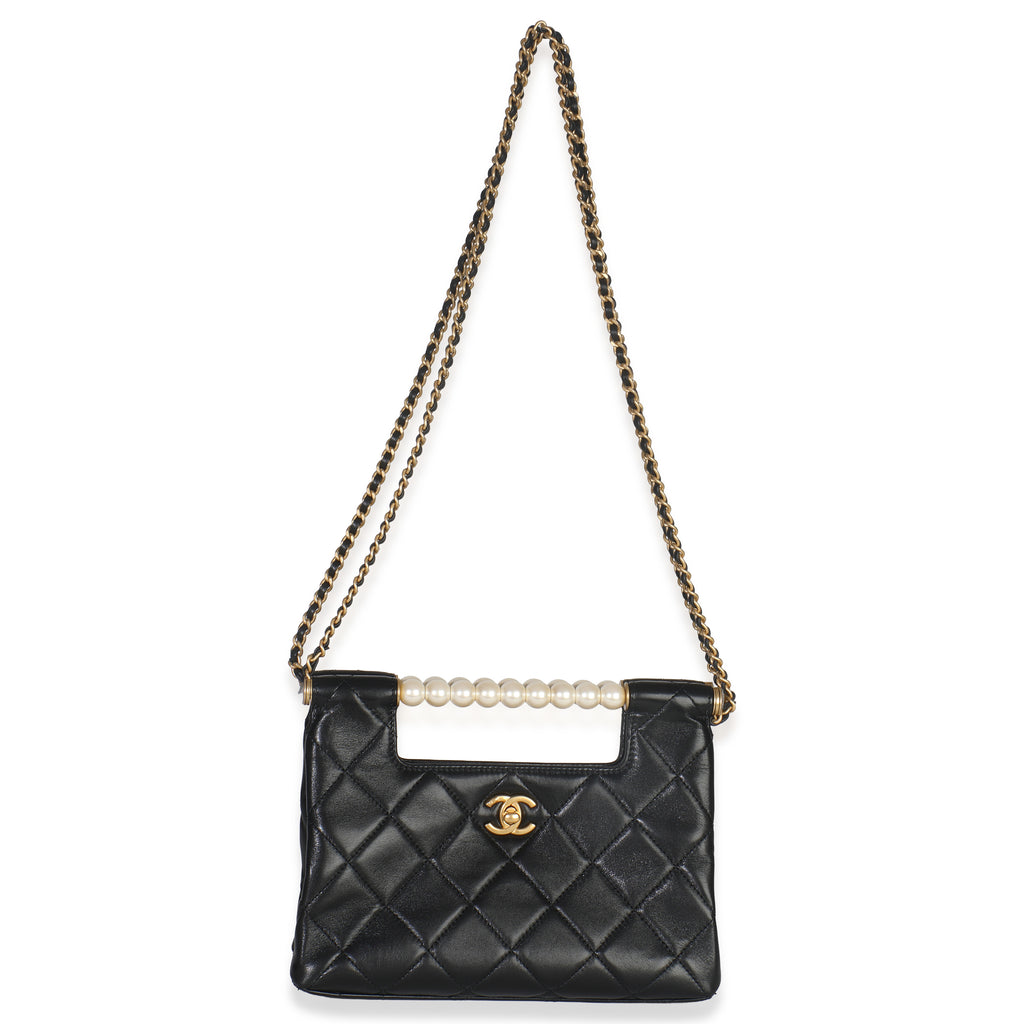 Chanel 25P Black Shiny Quilted Lambskin Pearl Small Shopping Bag
