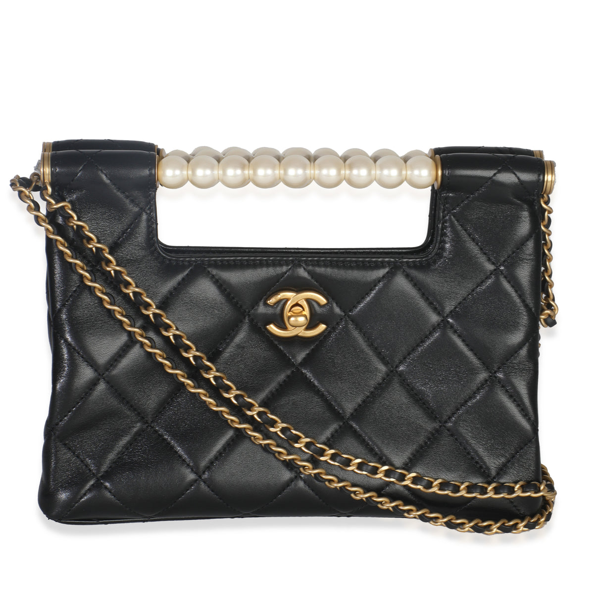 Chanel 25P Black Shiny Quilted Lambskin Pearl Small Shopping Bag