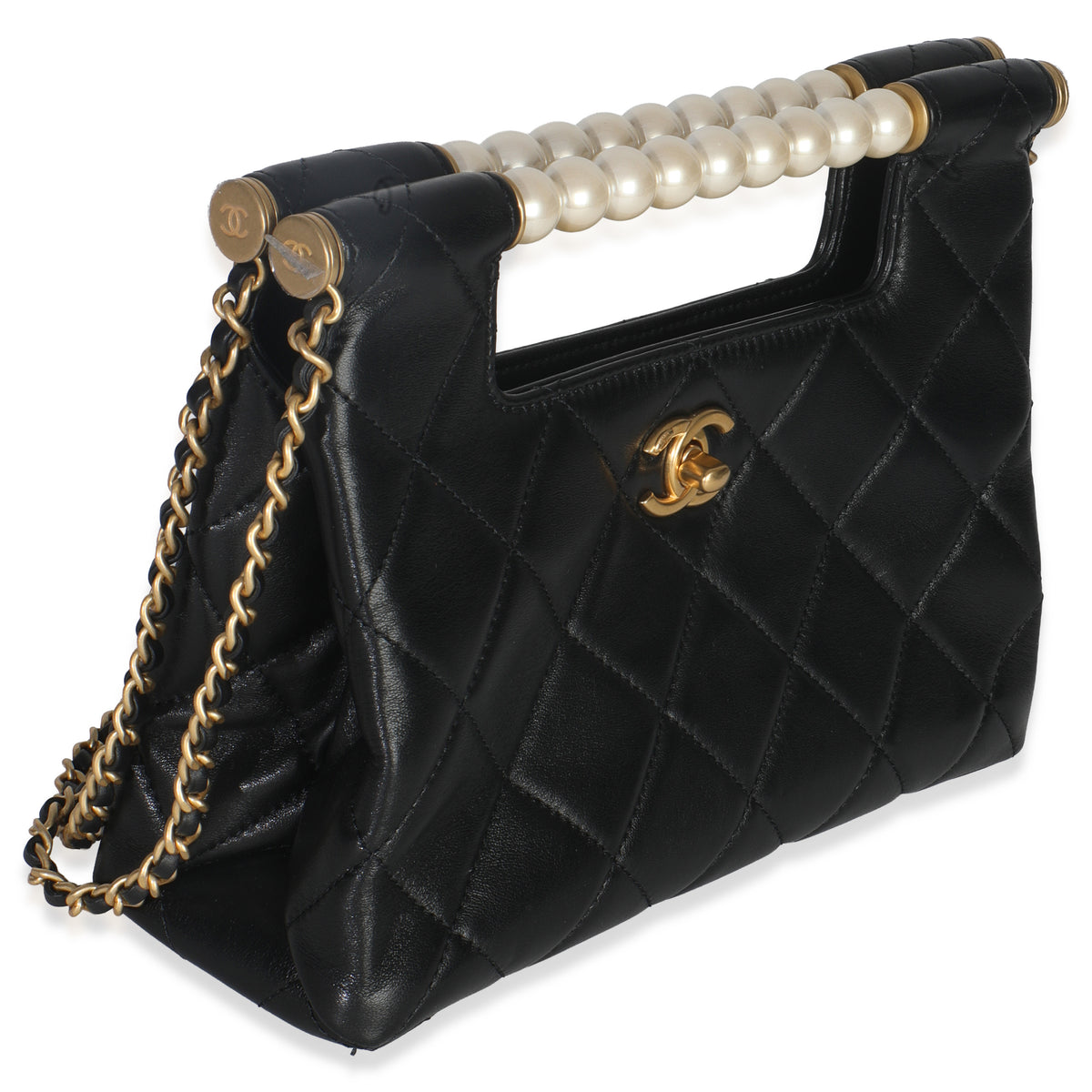 Chanel 25P Black Shiny Quilted Lambskin Pearl Small Shopping Bag