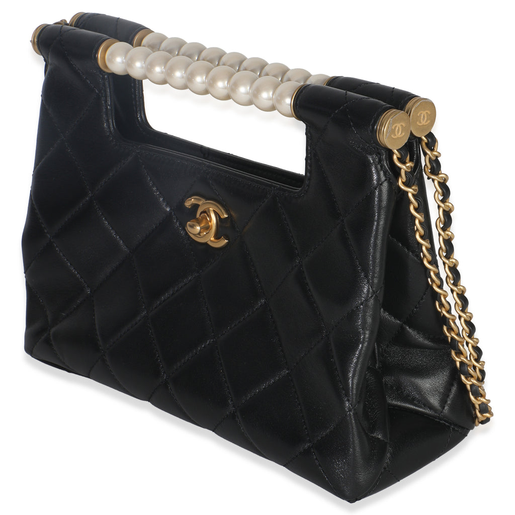 Chanel 25P Black Shiny Quilted Lambskin Pearl Small Shopping Bag