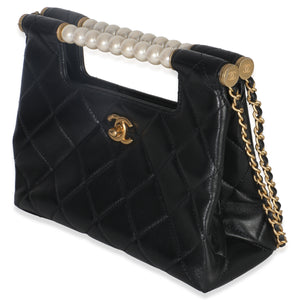 Chanel 25P Black Shiny Quilted Lambskin Pearl Small Shopping Bag