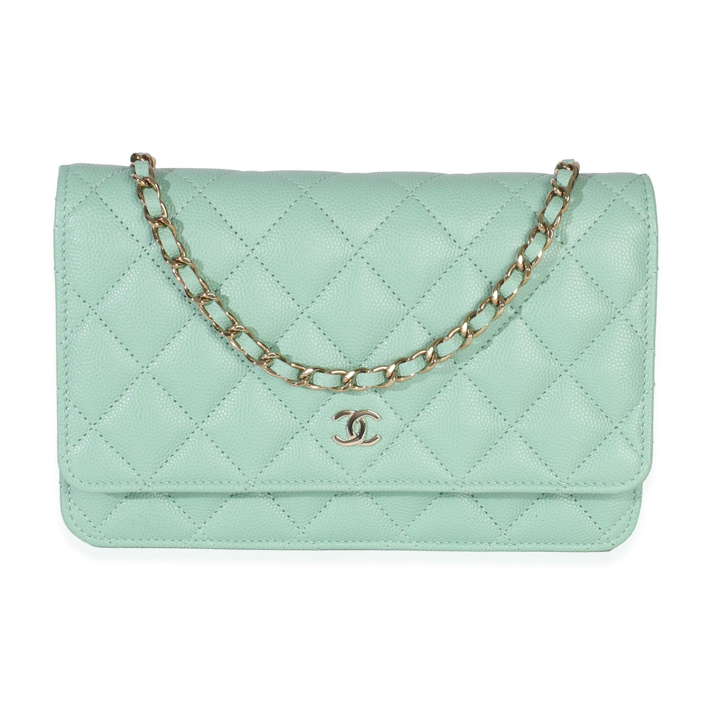 Chanel Light Green Quilted Caviar Classic Wallet On Chain