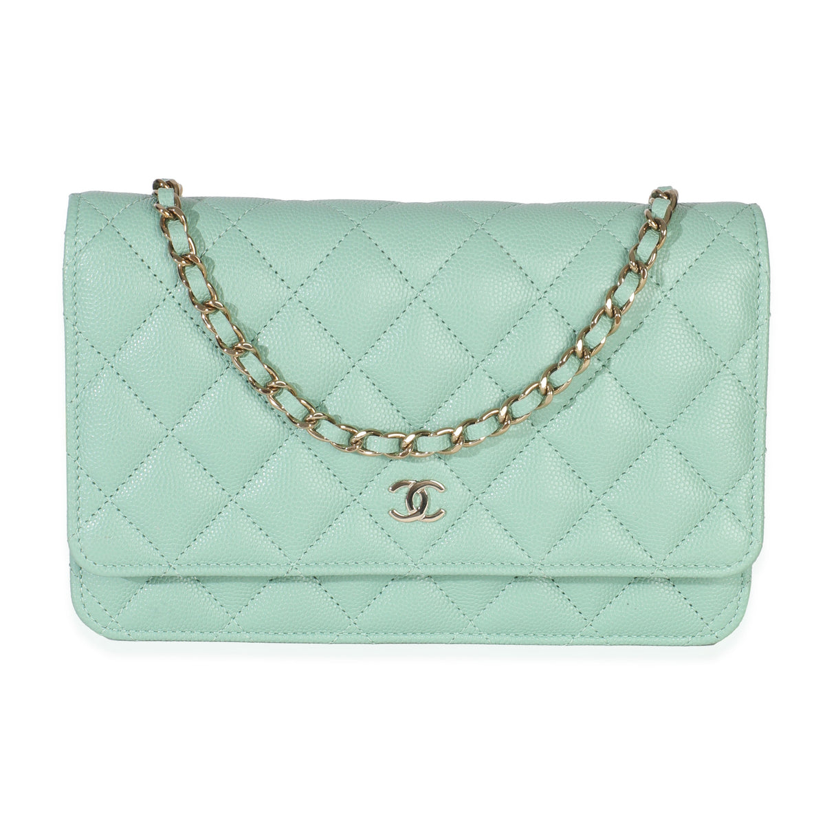 Chanel Light Green Quilted Caviar Classic Wallet On Chain