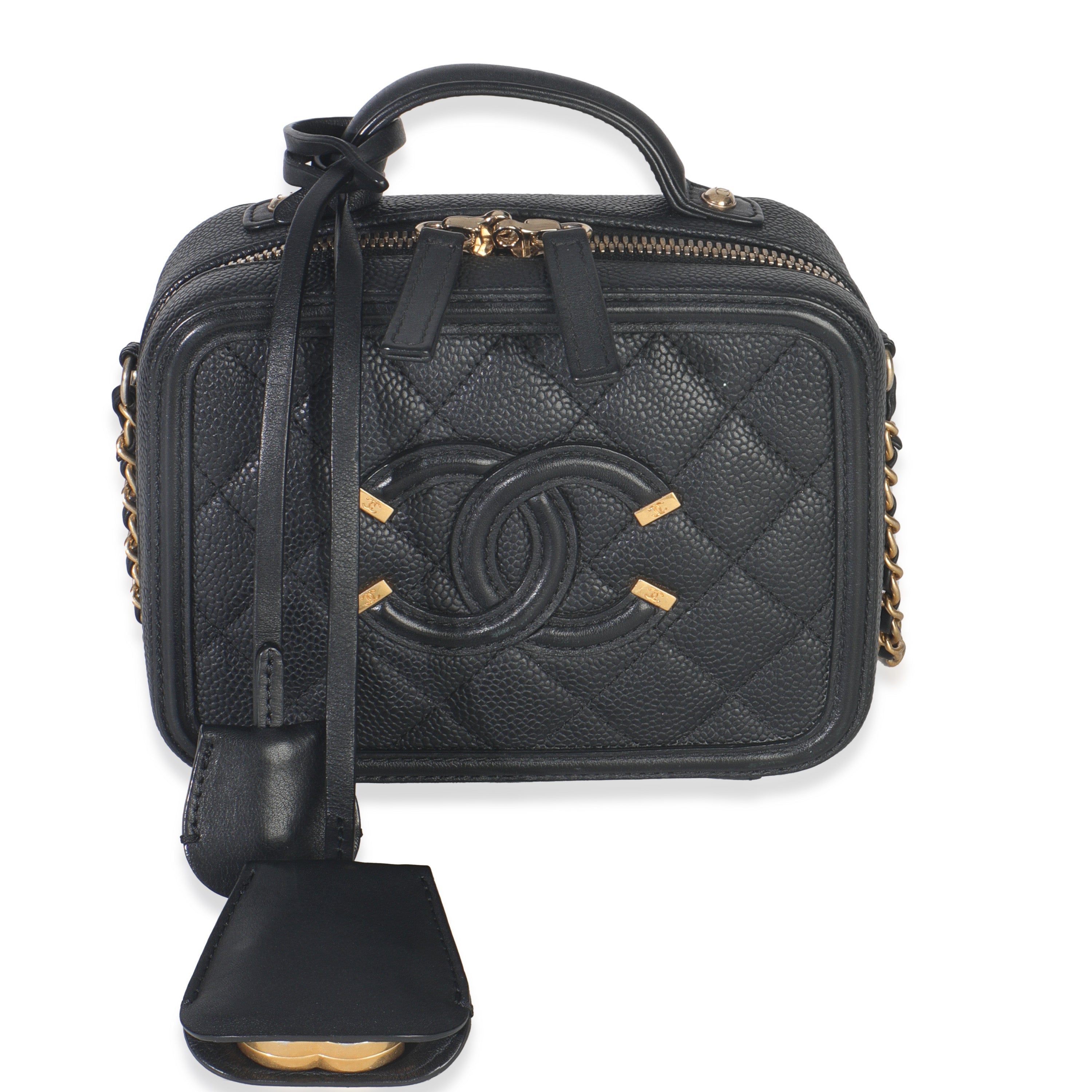 Chanel Black Quilted Caviar Small CC Filigree Vanity Case