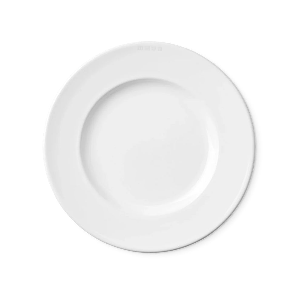 Top view of 1508 Salad/Dessert Plate showcasing its Renaissance-inspired wide rim and rich white glaze on a white background