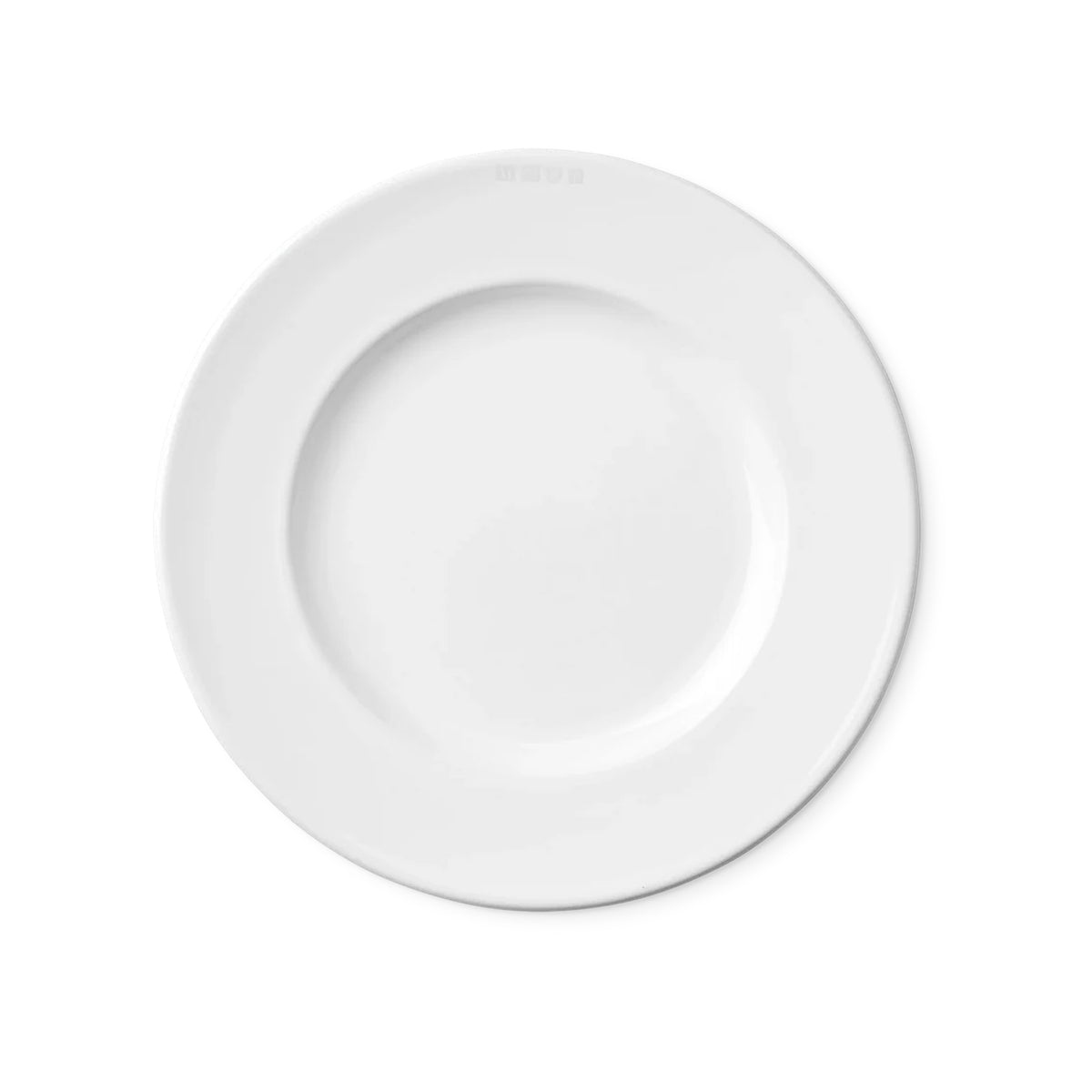 Top view of 1508 Salad/Dessert Plate showcasing its Renaissance-inspired wide rim and rich white glaze on a white background