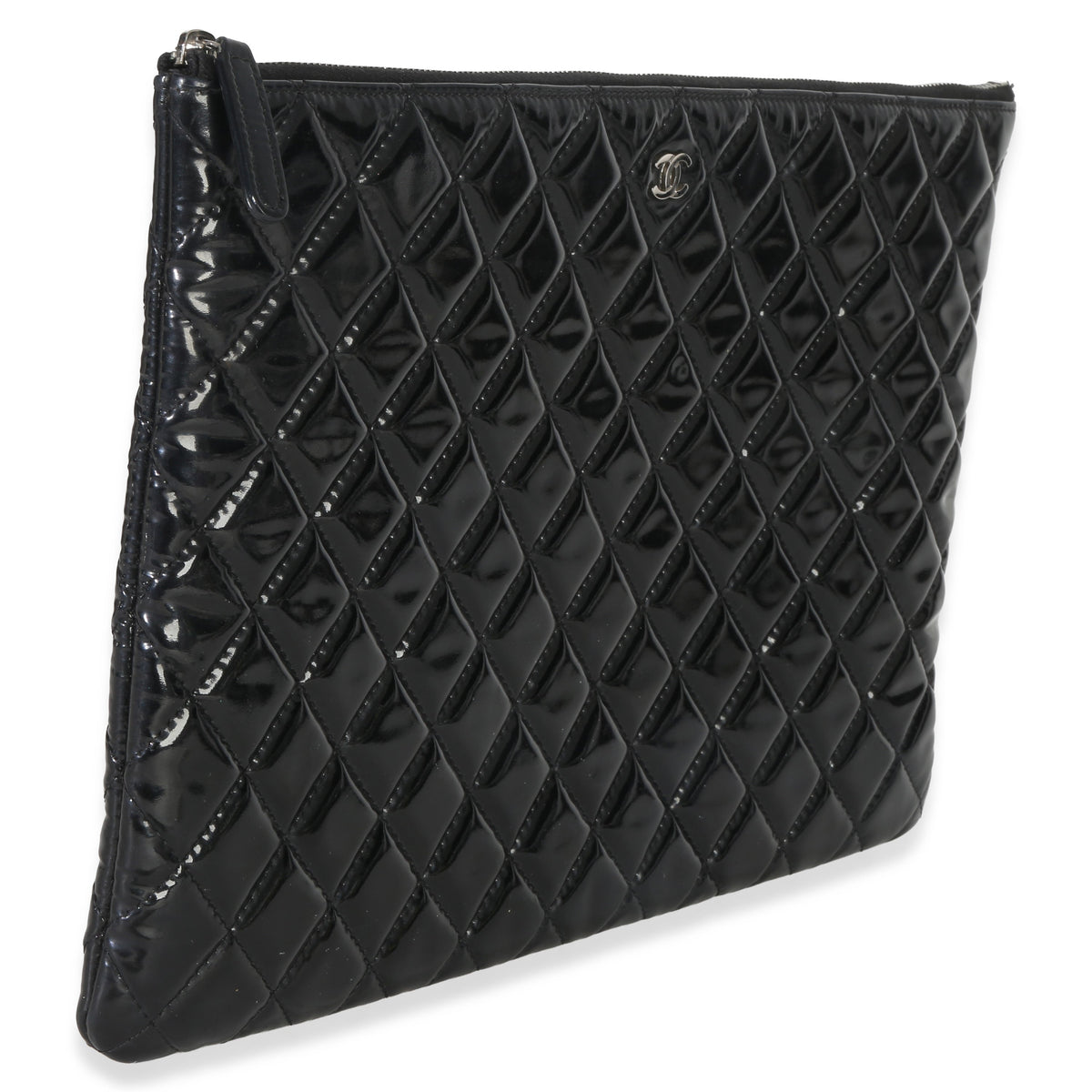 Chanel Black Quilted Patent Large Cosmetic O Case Handbag bv