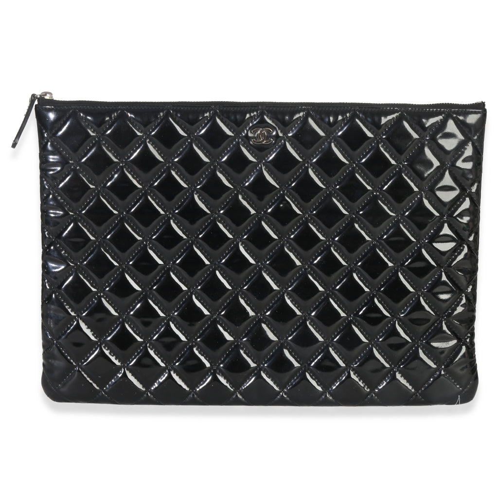 Chanel Black Quilted Patent Large Cosmetic O Case Handbag fv
