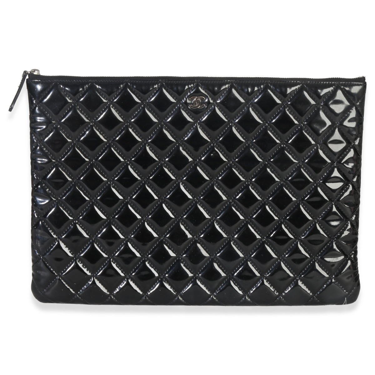 Chanel Black Quilted Patent Large Cosmetic O Case Handbag fv