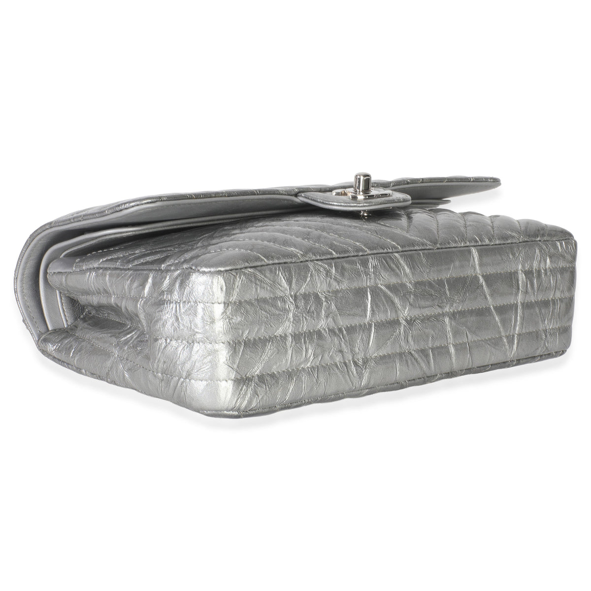 Chanel Silver Metallic Patent Crumpled Calfskin Chevron Medium Double Flap Bag Handbag av