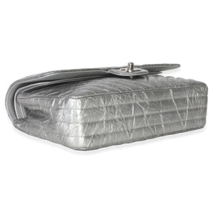 Chanel Silver Metallic Patent Crumpled Calfskin Chevron Medium Double Flap Bag Handbag av