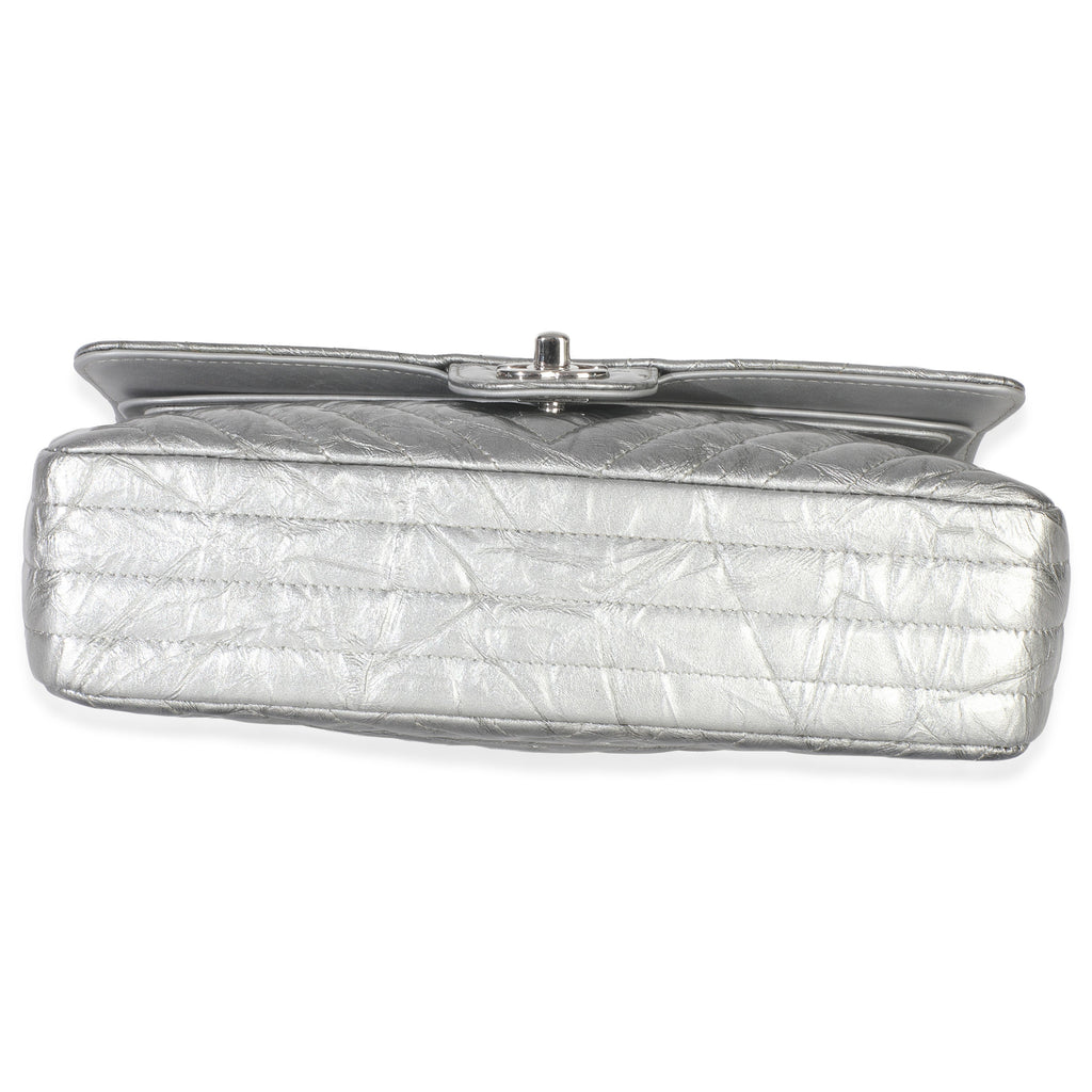 Chanel Silver Metallic Patent Crumpled Calfskin Chevron Medium Double Flap Bag Handbag box