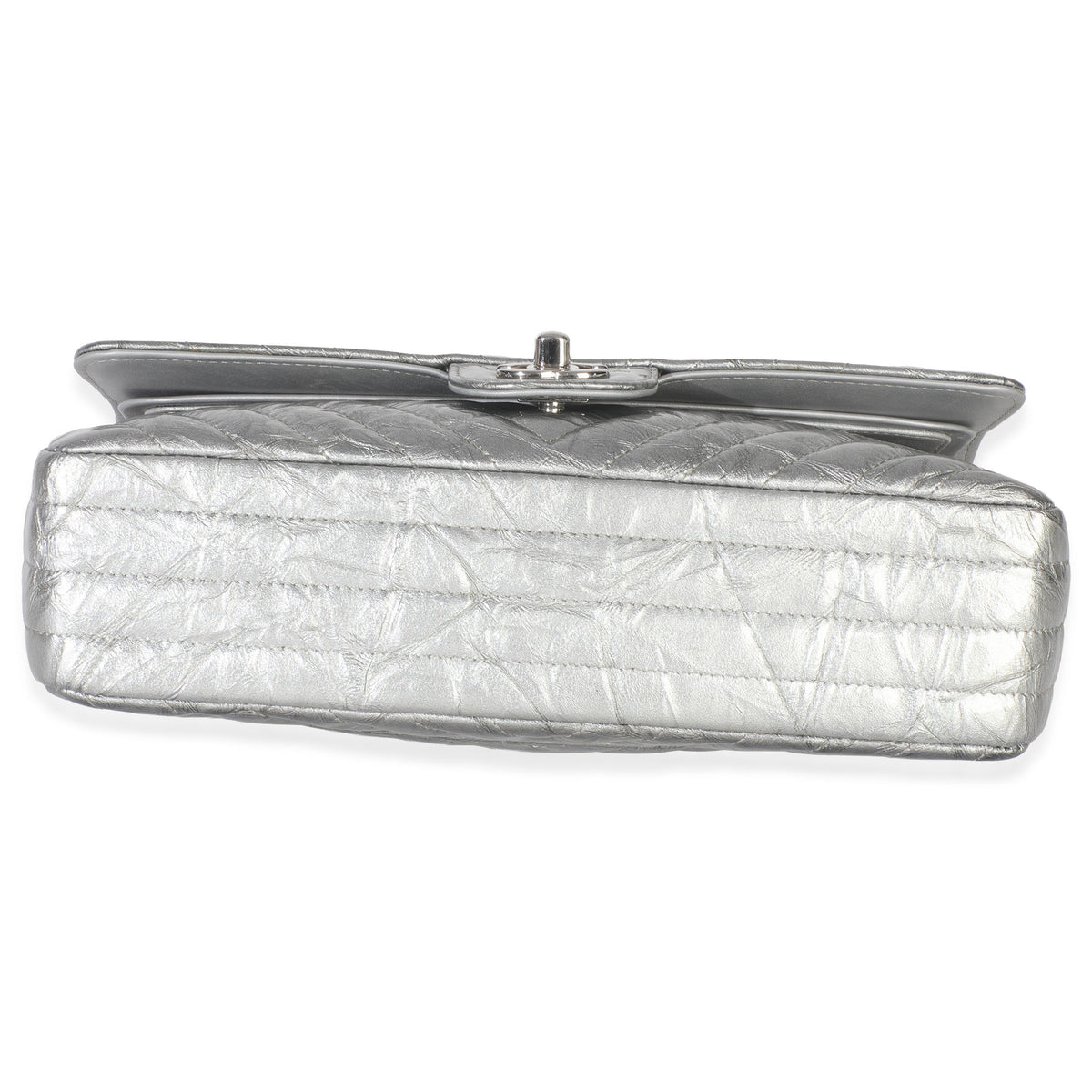 Chanel Silver Metallic Patent Crumpled Calfskin Chevron Medium Double Flap Bag Handbag box