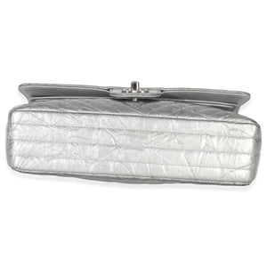 Chanel Silver Metallic Patent Crumpled Calfskin Chevron Medium Double Flap Bag Handbag box