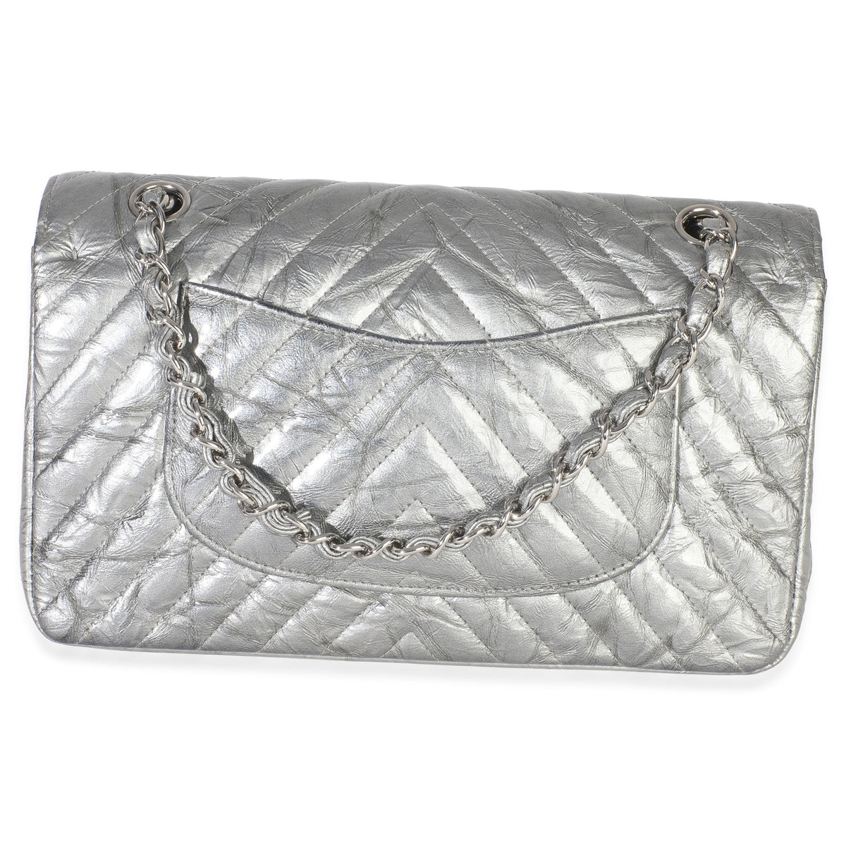 Chanel Silver Metallic Patent Crumpled Calfskin Chevron Medium Double Flap Bag Handbag bv